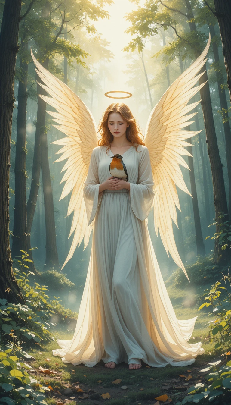 Anjo Etéreo com Asas Luminosas em Floresta Banhada de Sol