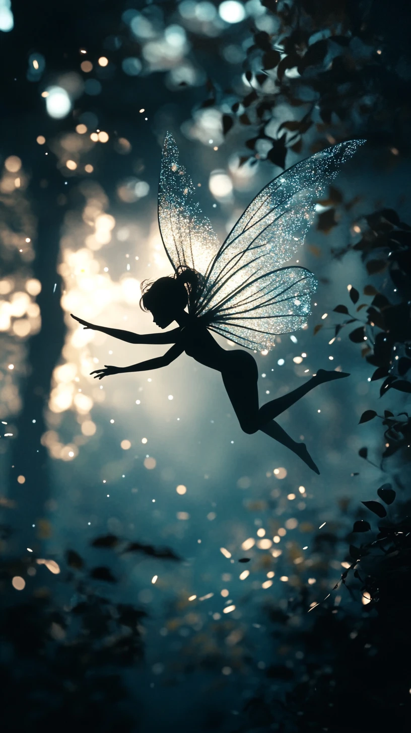 Backlit Fairy Silhouette Soaring In A Mystical Dark Forest
