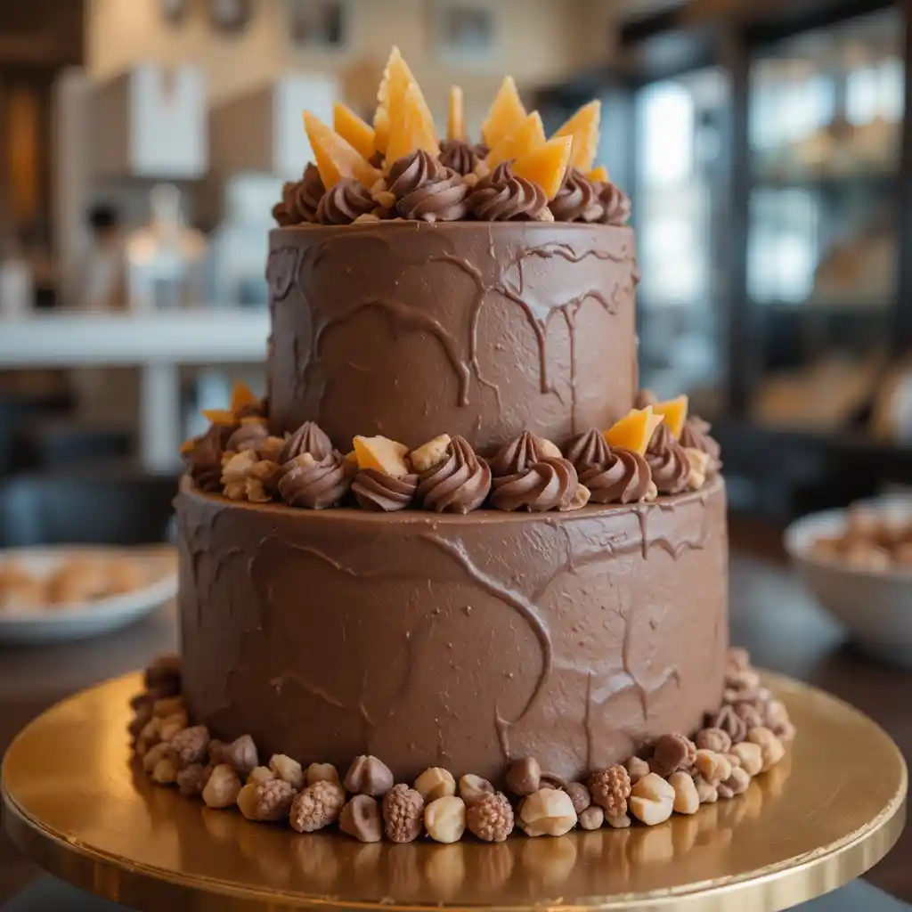 Chocolate layer cake with caramel on golden serving plate
