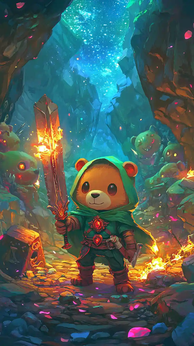 Chibi bear hero in a mystical cave with sword