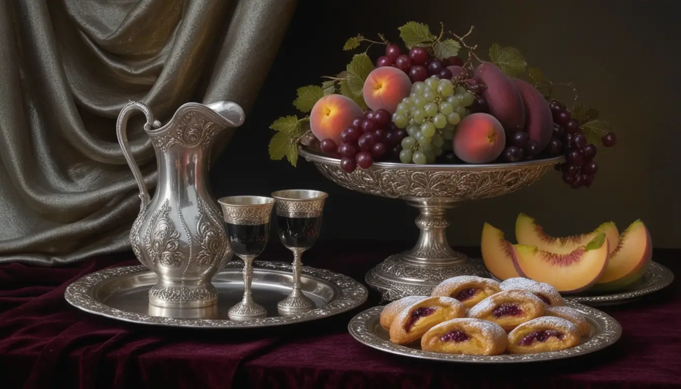 Natura morta classica con frutta e pasticcini su vassoi d’argento