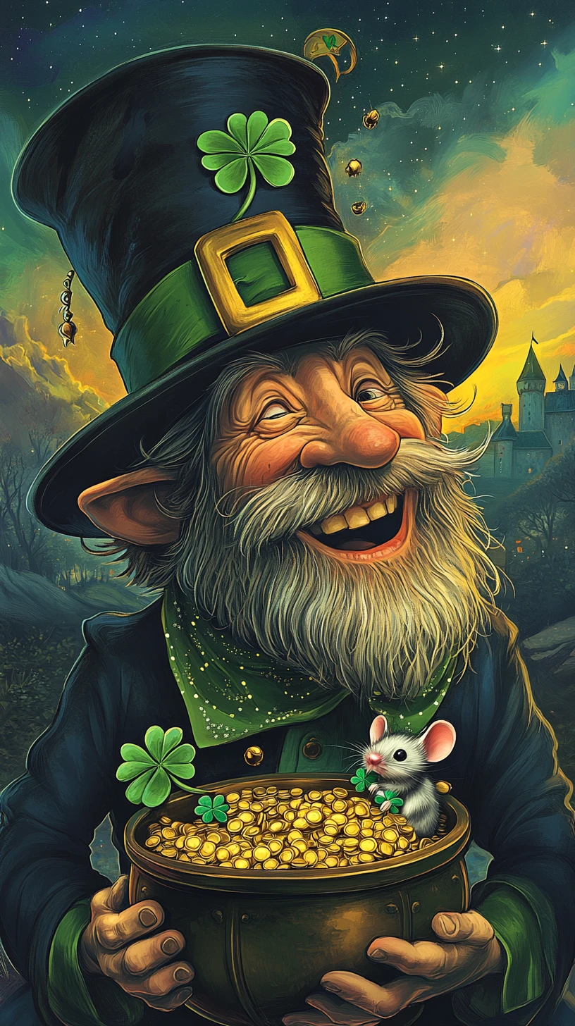 Vecchio leprecauno che ride mentre tiene in mano un vaso d’oro