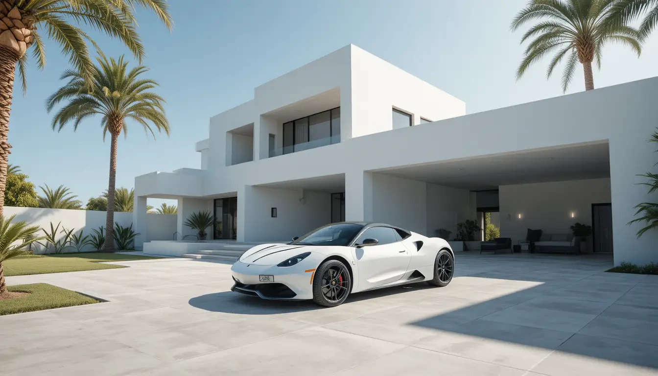 Moderne weiße Villa mit Luxusauto im starken Sonnenlicht