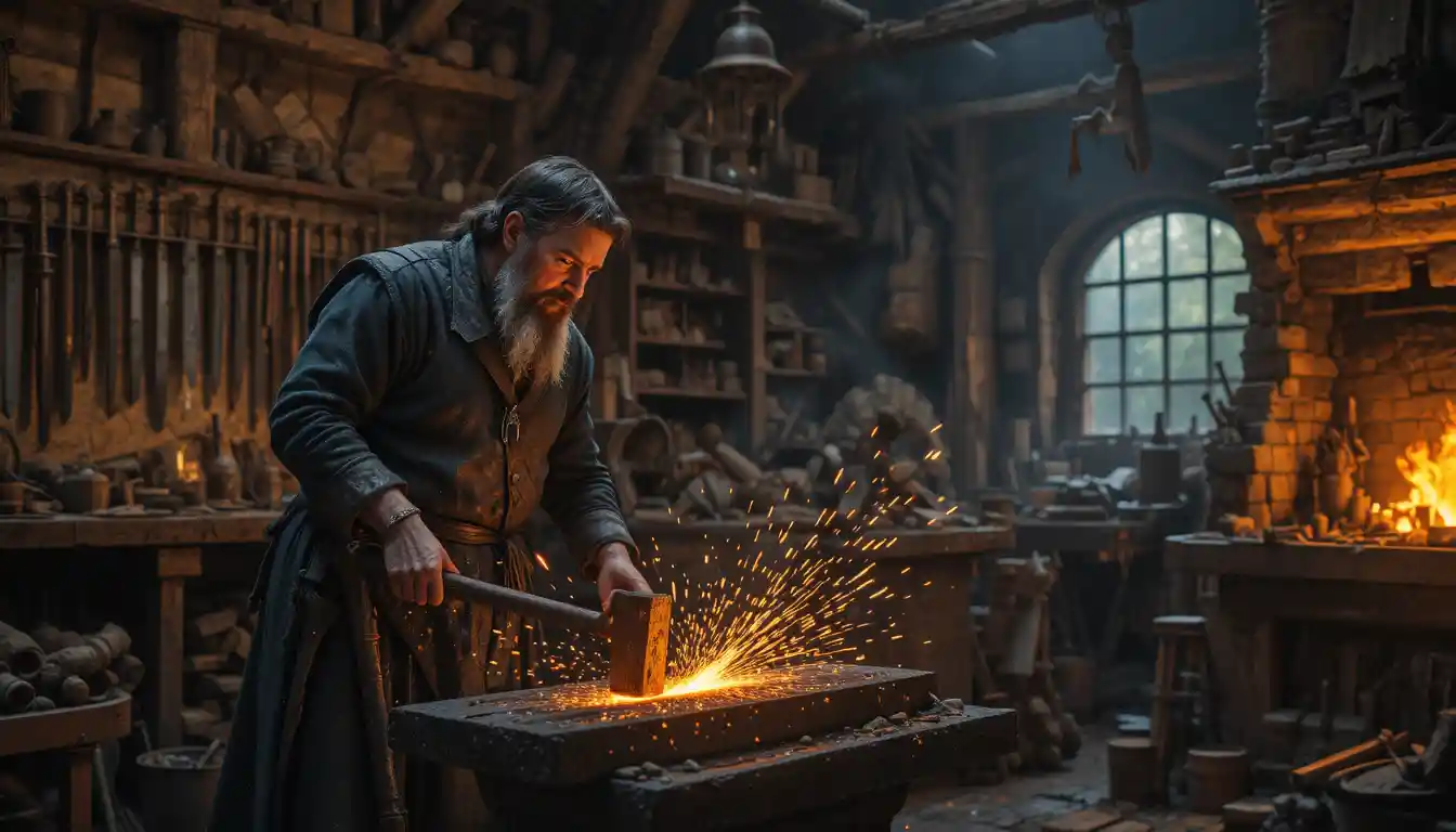 Herrero medieval forjando metal en un taller iluminado
