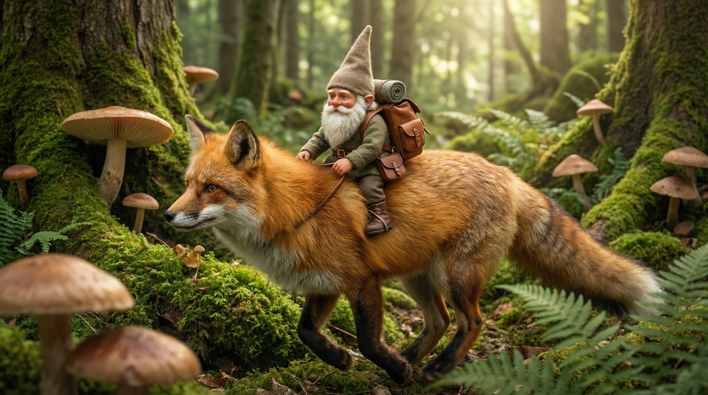 Petit gnome chevauchant un grand renard avec sac à dos