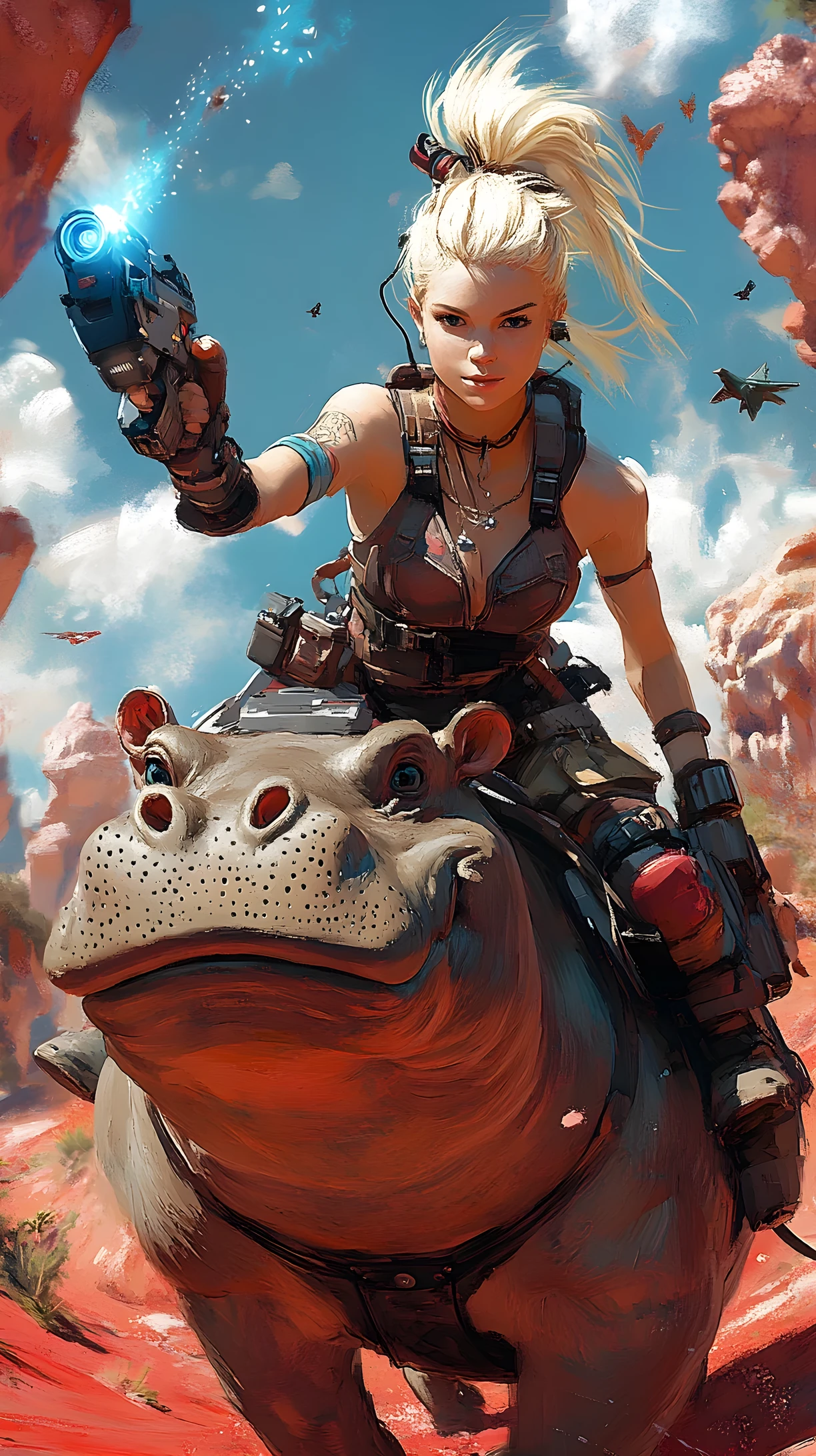 Sci fi woman riding hippo firing blue laser gun