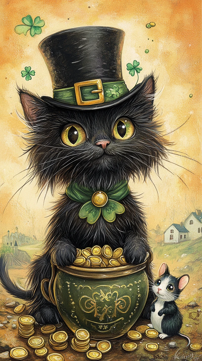 Shaggy Black Cat In Top Hat With Pot Of Gold