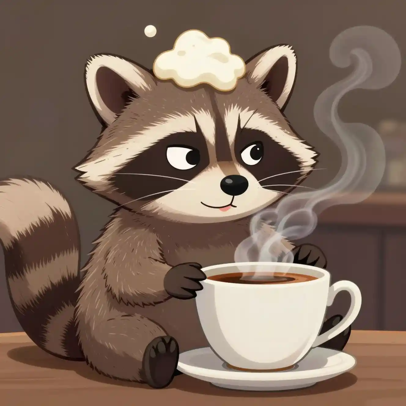 Cartoon raccoon soaking in a steaming coffee cup
