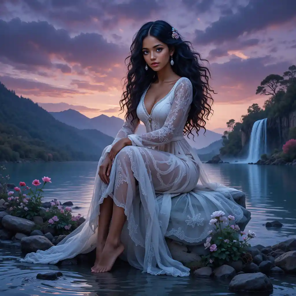 Girl in lace dress by a twilight lake waterfall