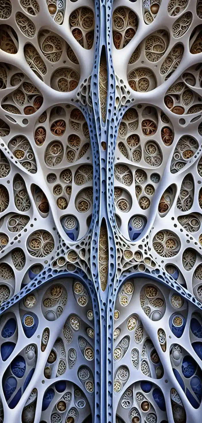 Scultura organica in reticolo ceramico 3D con cavità di Voronoi