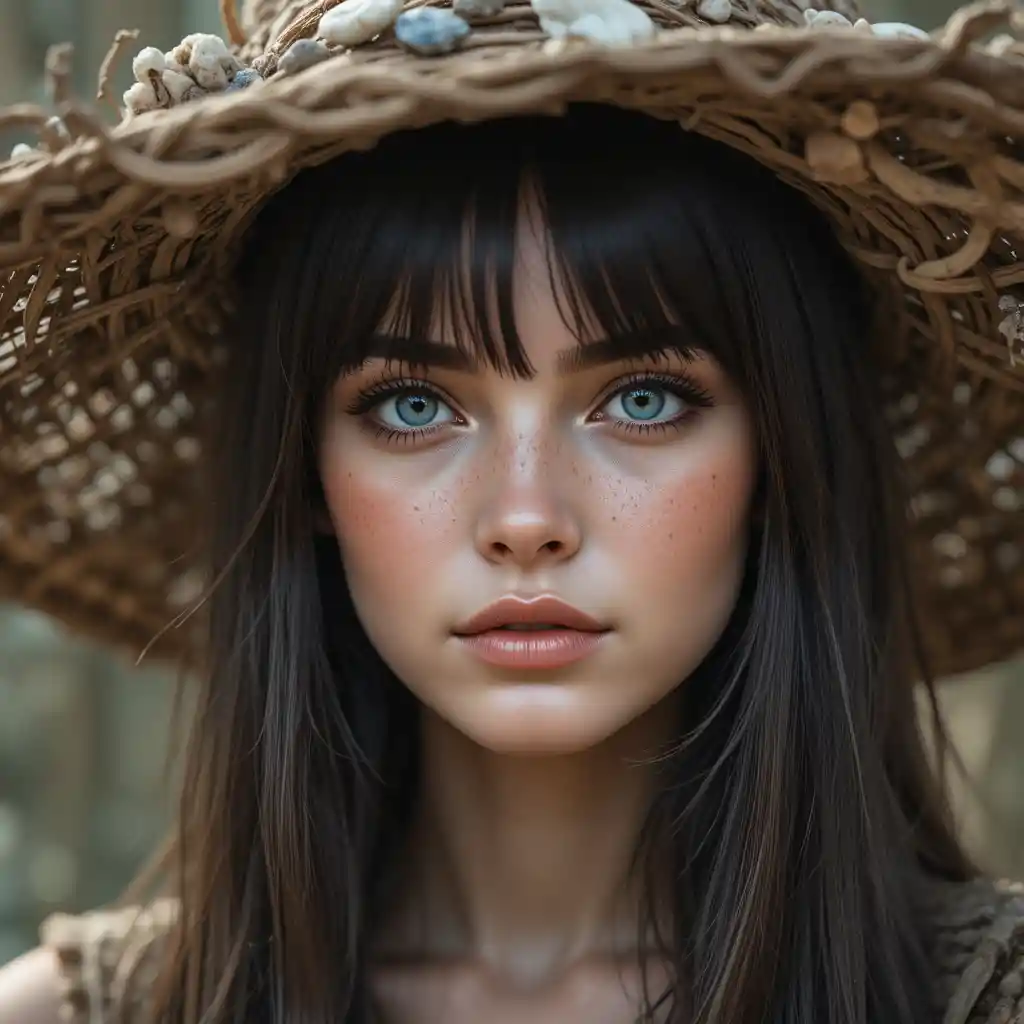Young woman in rustic hat with blue eyes portrait