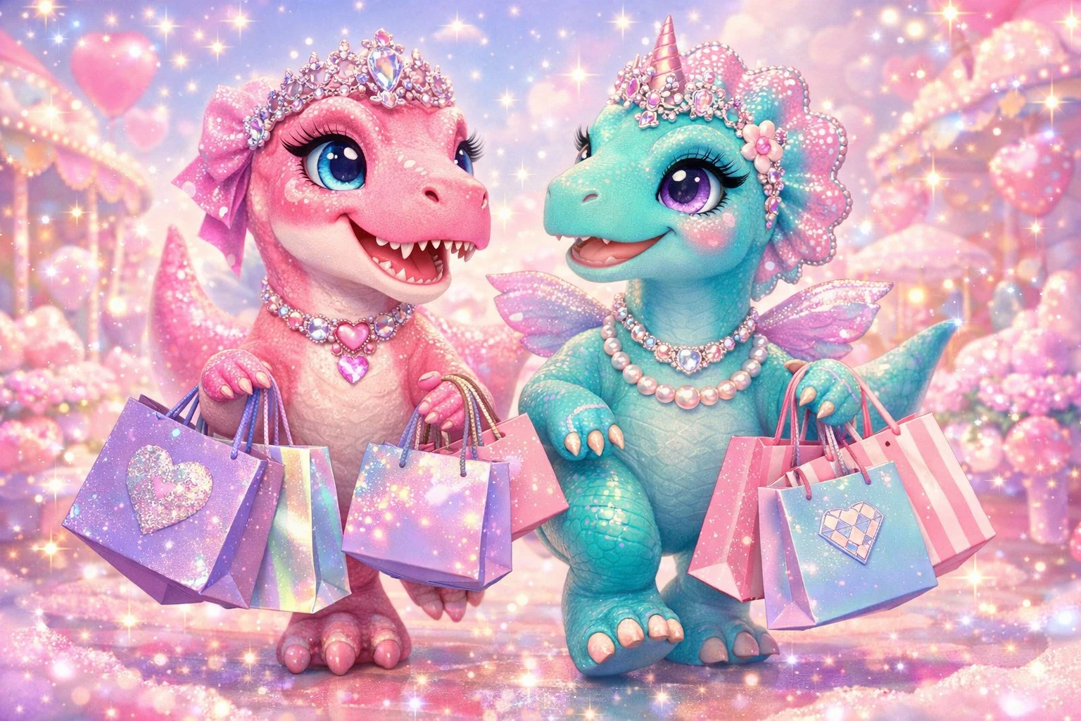 Deux dinosaures girly avec des sacs de shopping au style pailleté