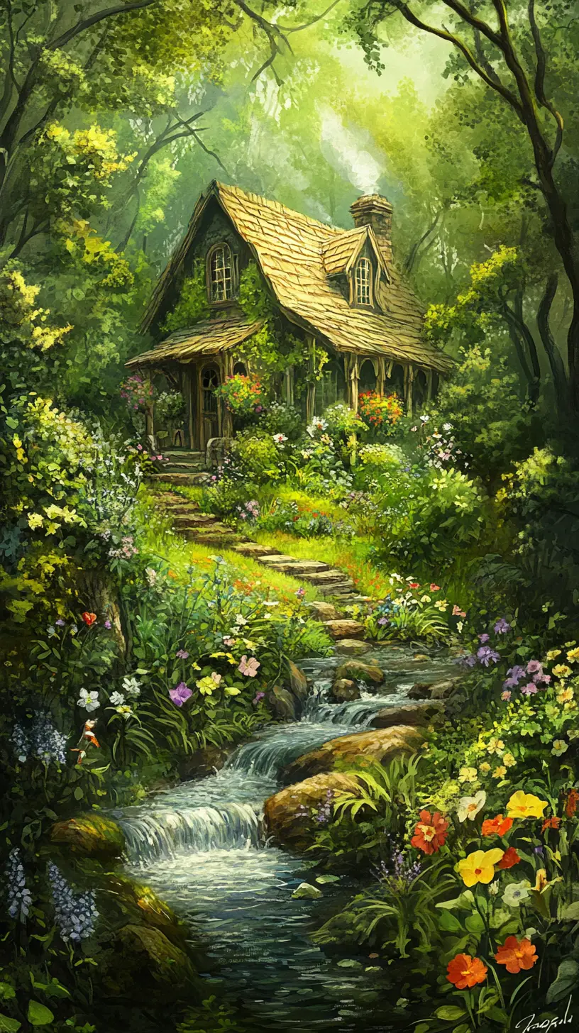 充滿奇幻感的水彩鄉村小屋花園與蜿蜒小溪