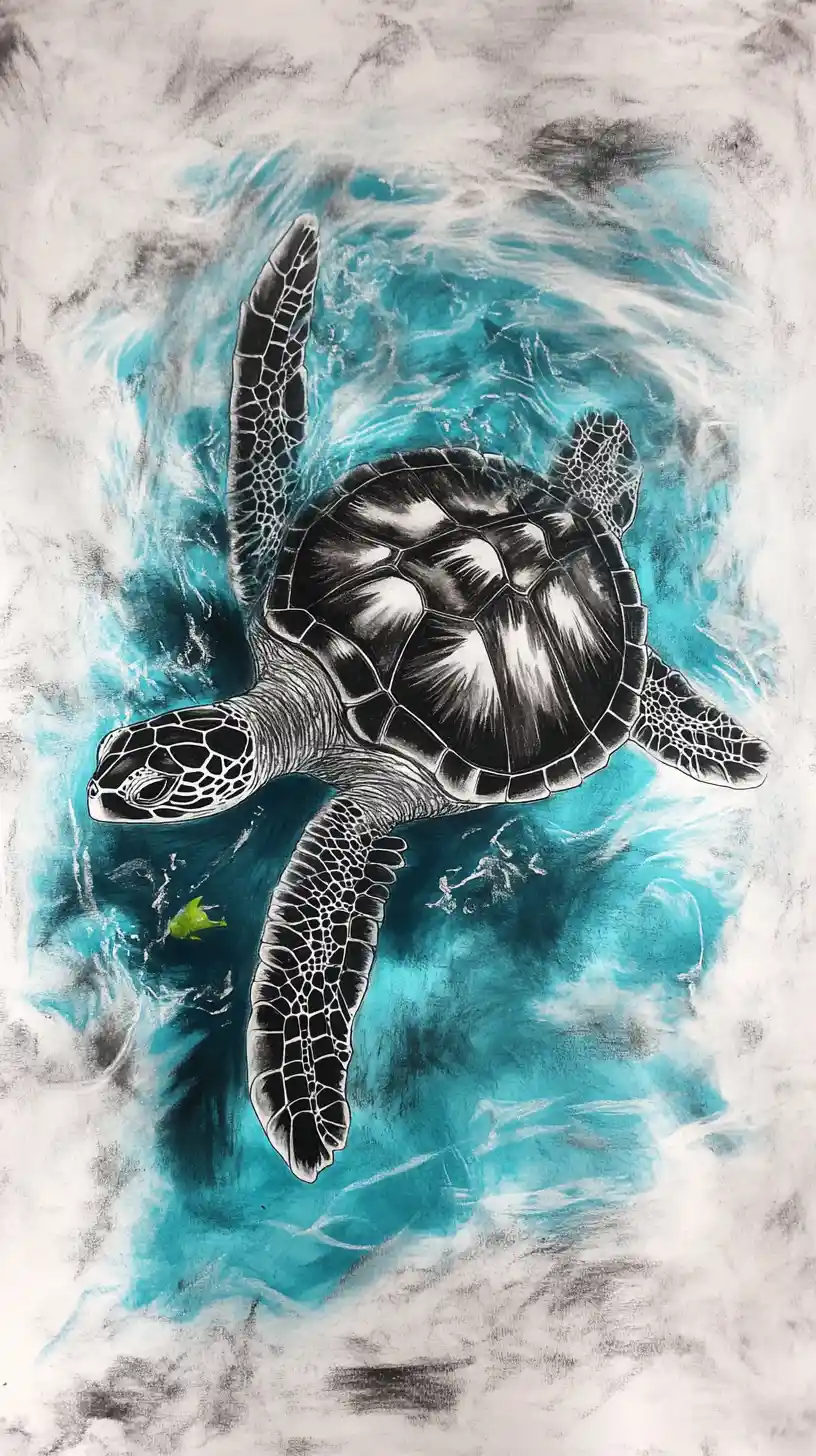 藍色海洋中帶有發光色彩的炭筆風海龜