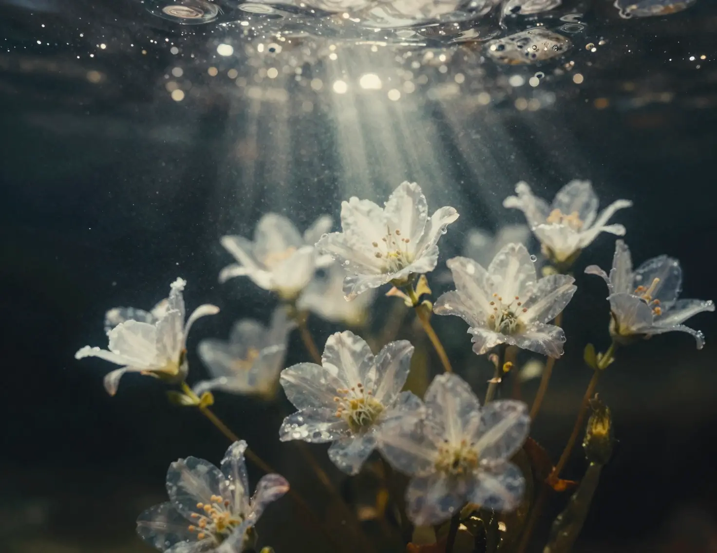 Translucent flowers drifting in a dark underwater beam