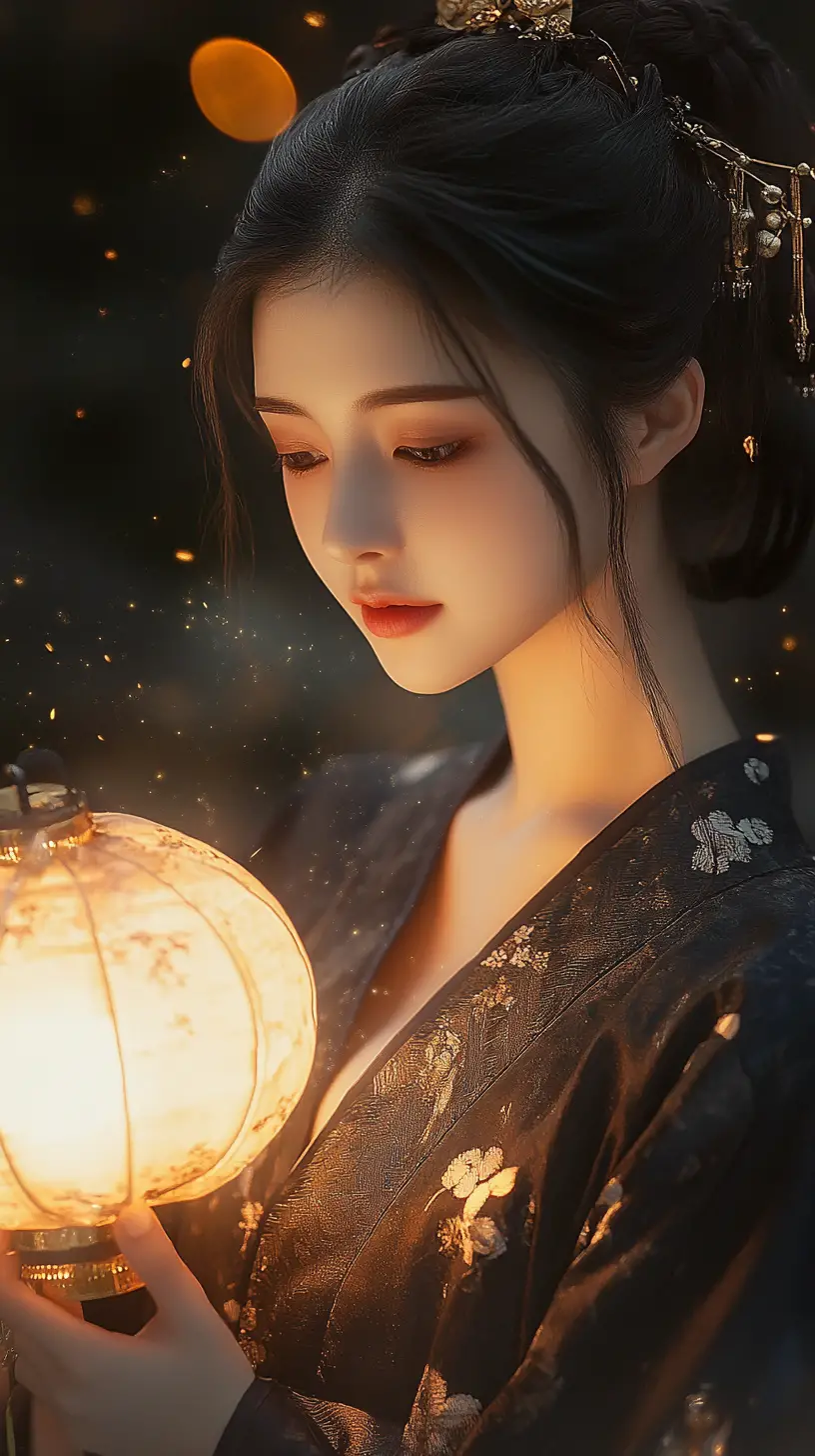 Mulher em hanfu segurando uma lanterna dourada brilhante