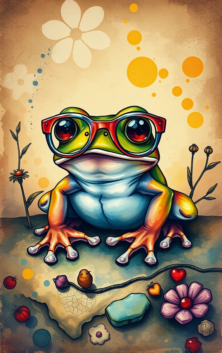 Grenouille Aquarelle Fantaisiste avec Lunettes dans un Paysage Fantastique