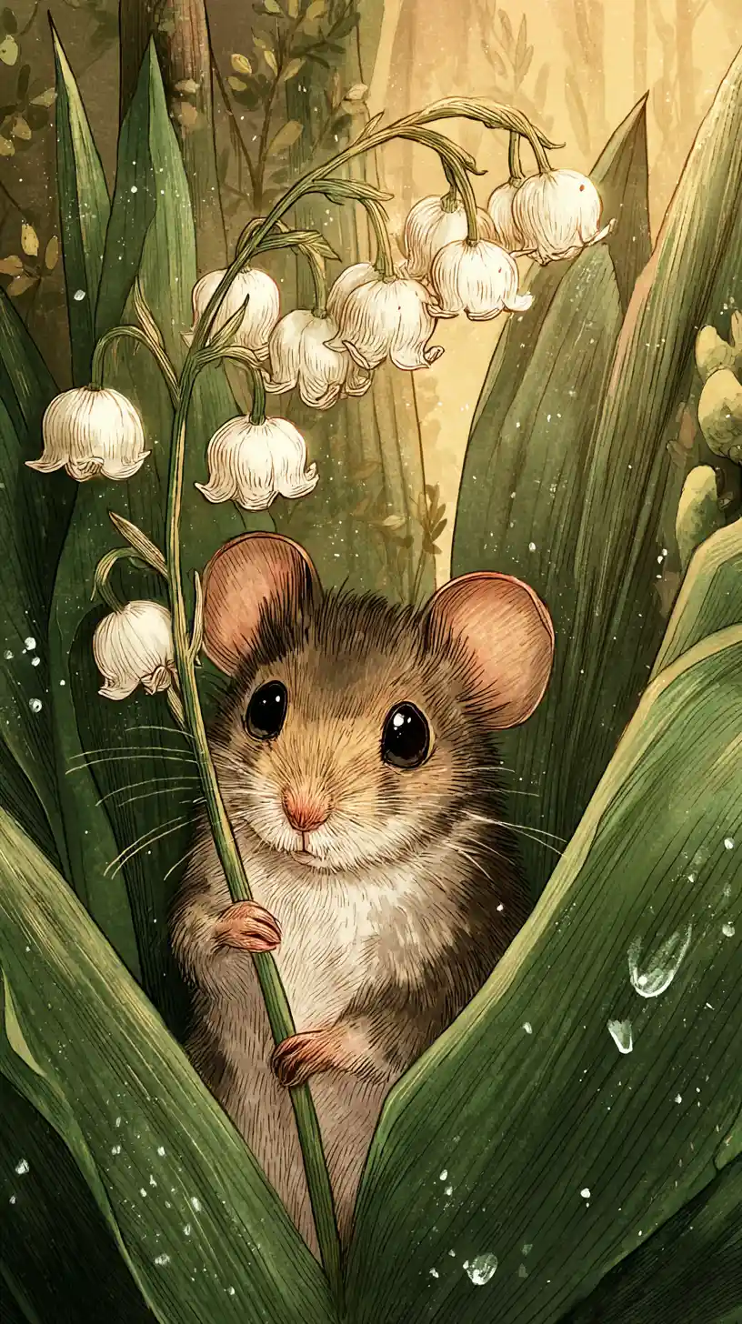 Rato fofo com lírio-do-vale em prado ensolarado