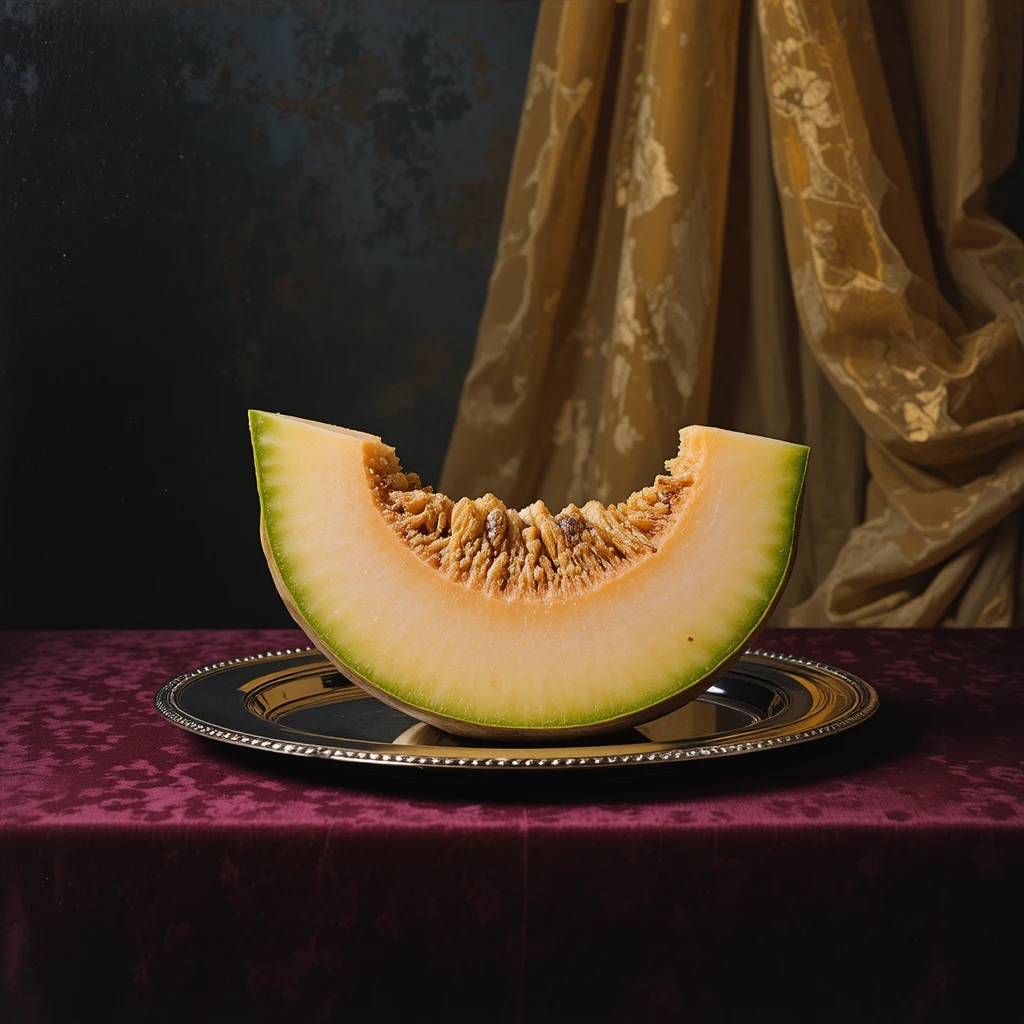 Melonenscheibe auf Silberplatte mit opulentem Samtvorhang