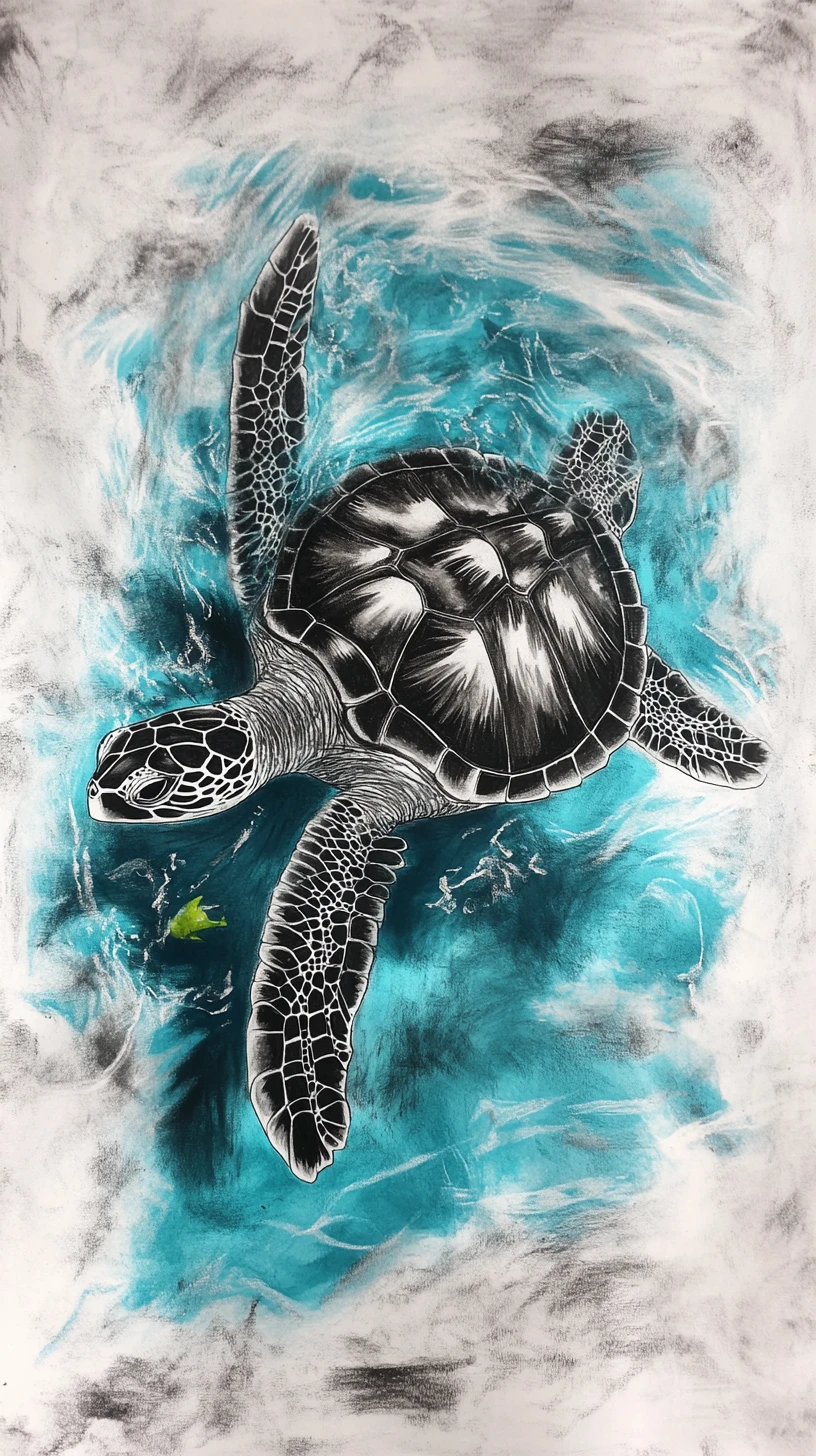 Tortuga marina al carbón con colores brillantes en un océano azul