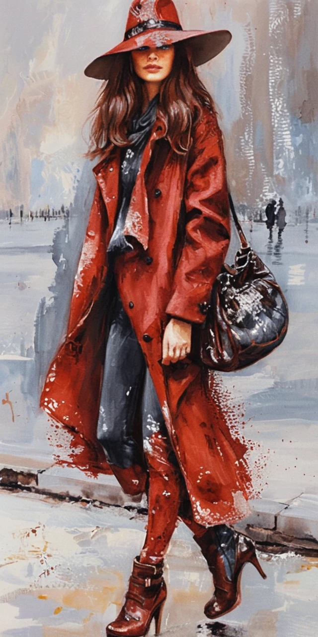 Mulher elegante de casaco vermelho caminhando por rua urbana enevoada