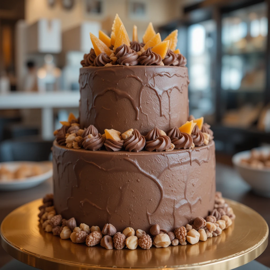 Chocolate layer cake with caramel on golden serving plate