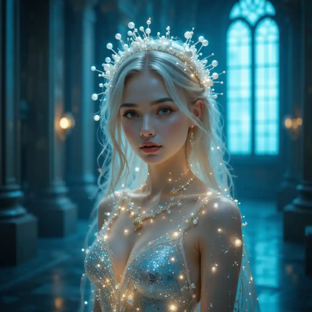 Ethereal young woman with glowing orbs in silver dress