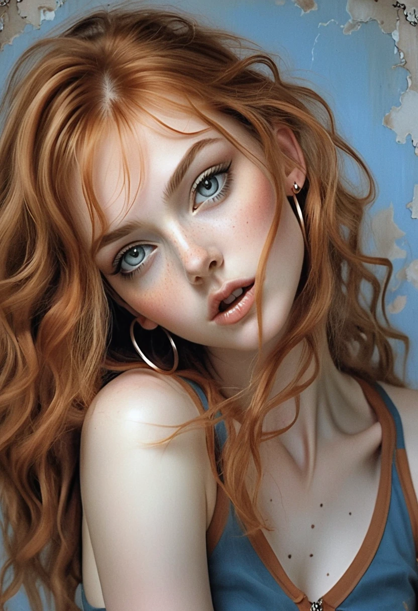 Red haired girl portrait with freckles against blue wall