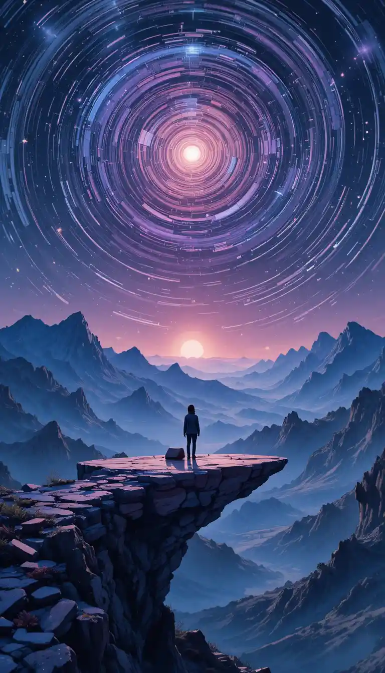 Lonely figure watching a UFO above a cosmic landscape