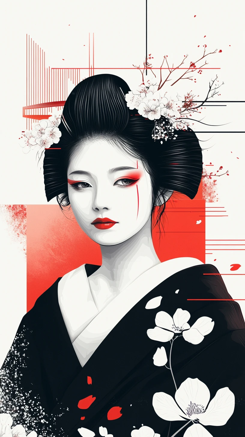 Retrato elegante de geisha en estilo japonés minimalista vectorial