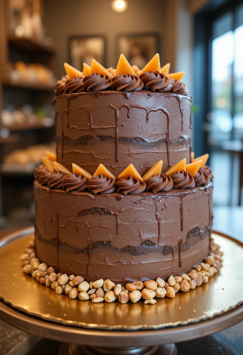 Two tier chocolate cake with caramel on gold plate