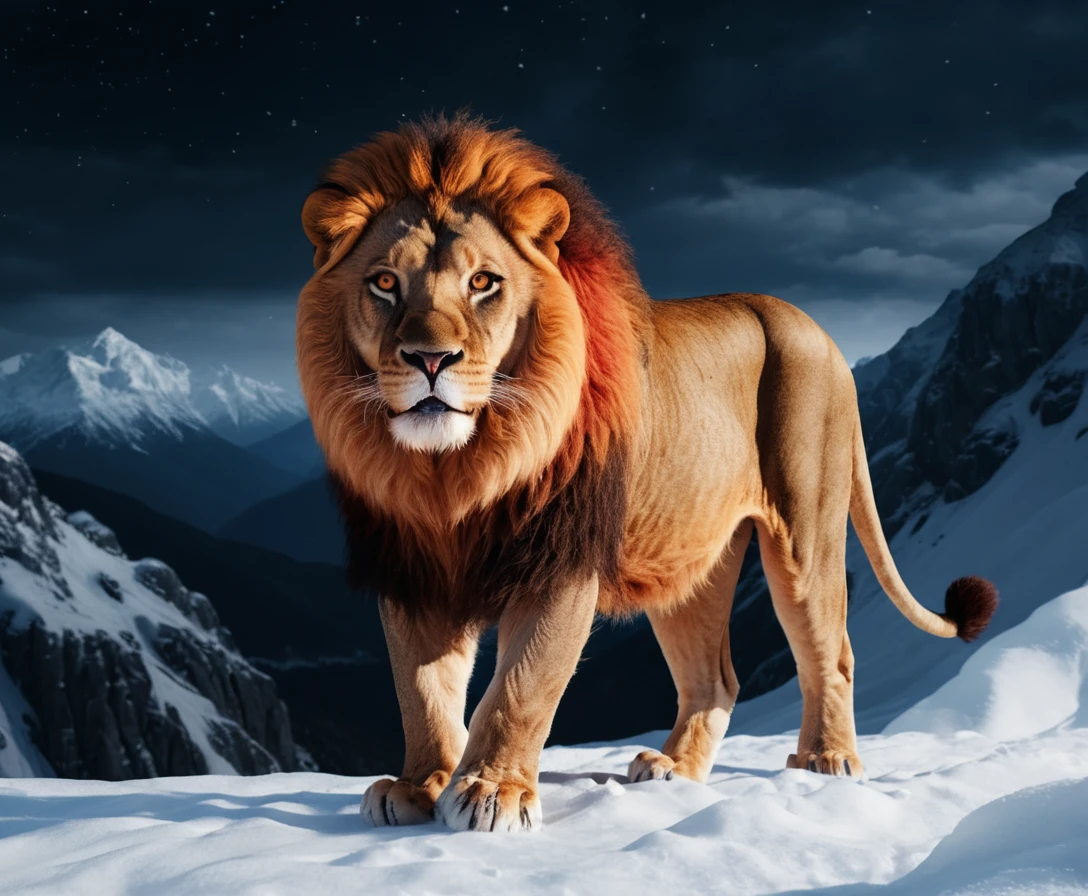 Red lion roaring on a snowy mountain at night