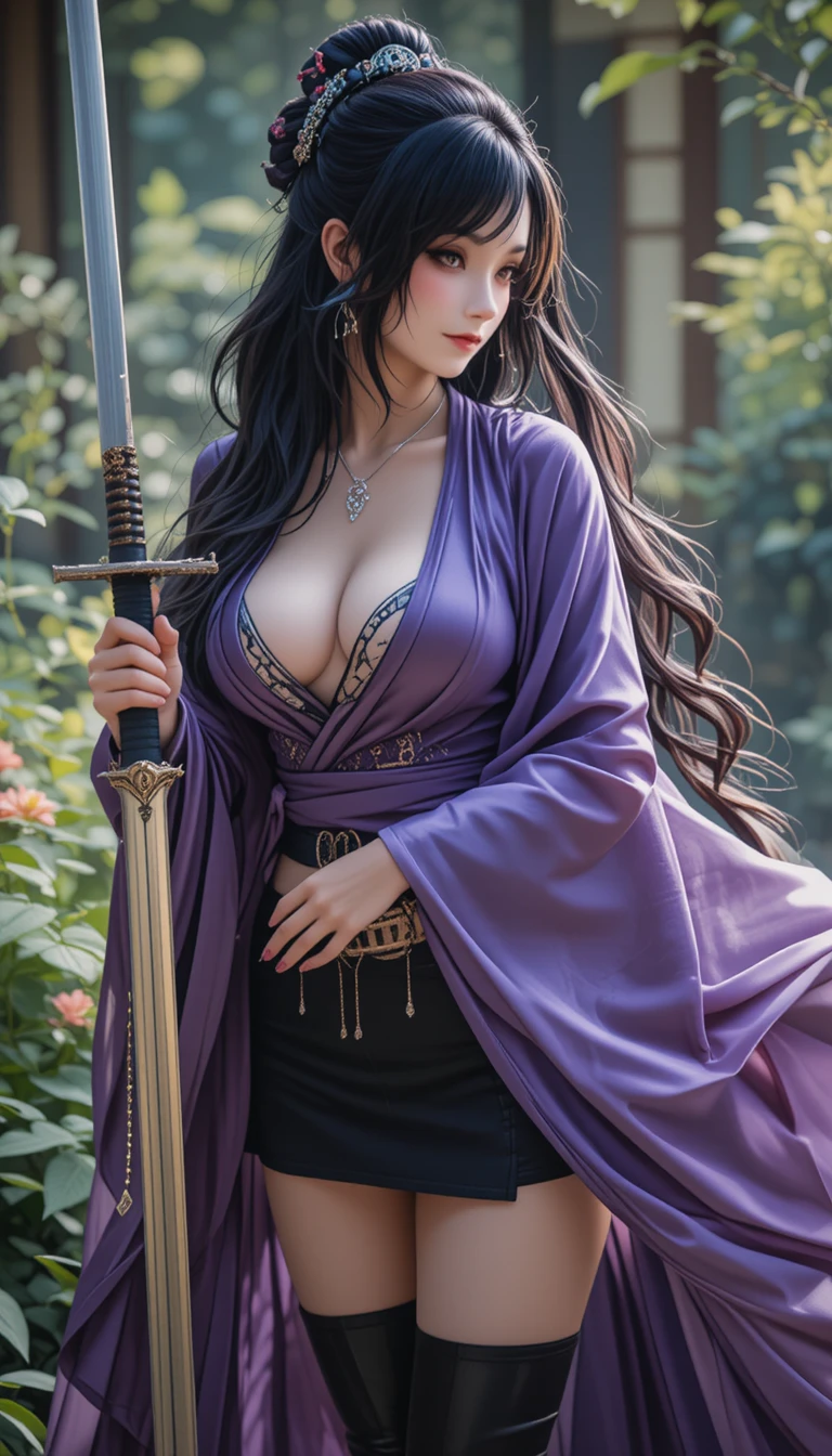 Asian warrior woman with sword in a tranquil Japanese garden