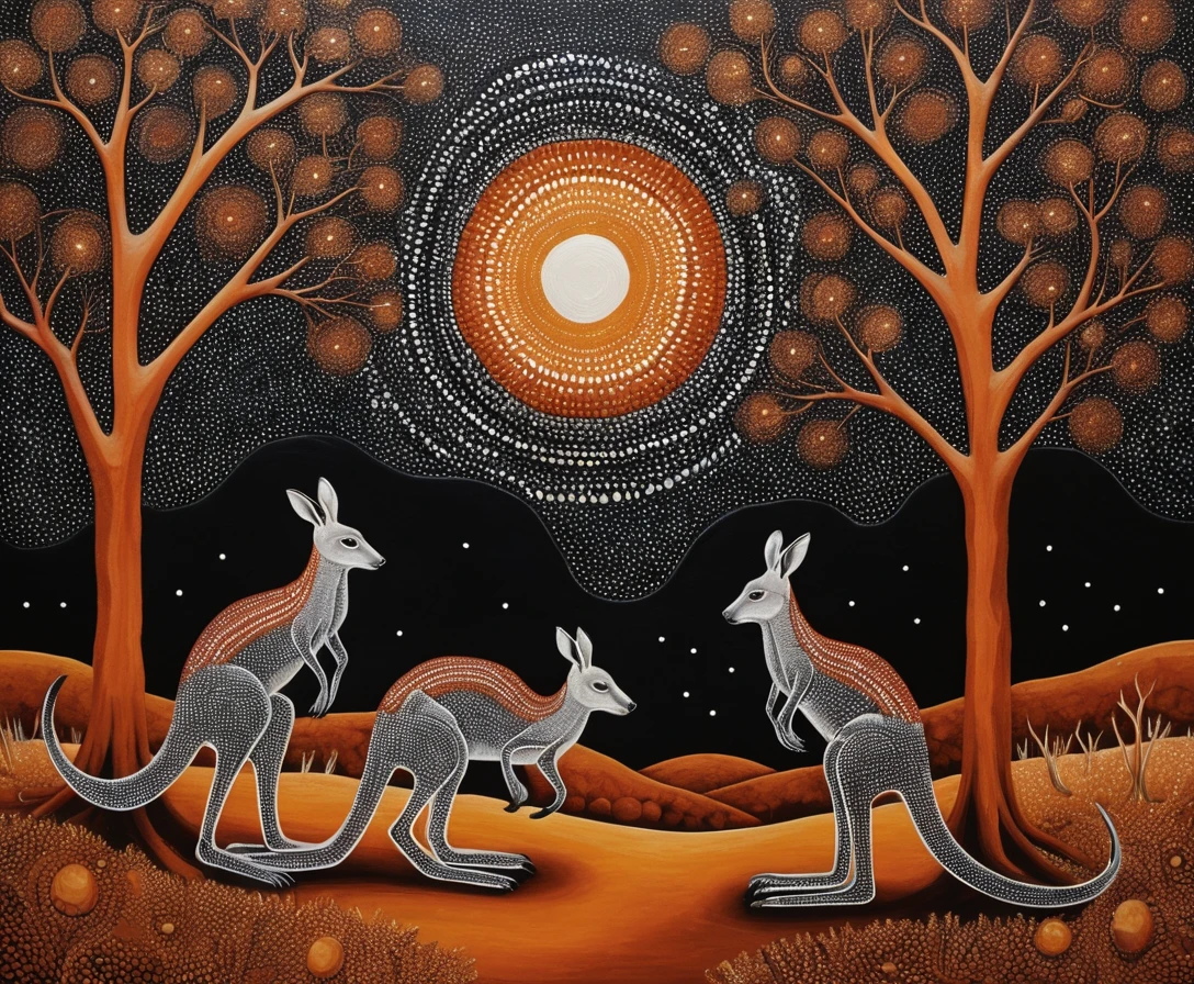 Kangaroos Under A Starry Sky In Aboriginal Dot Painting