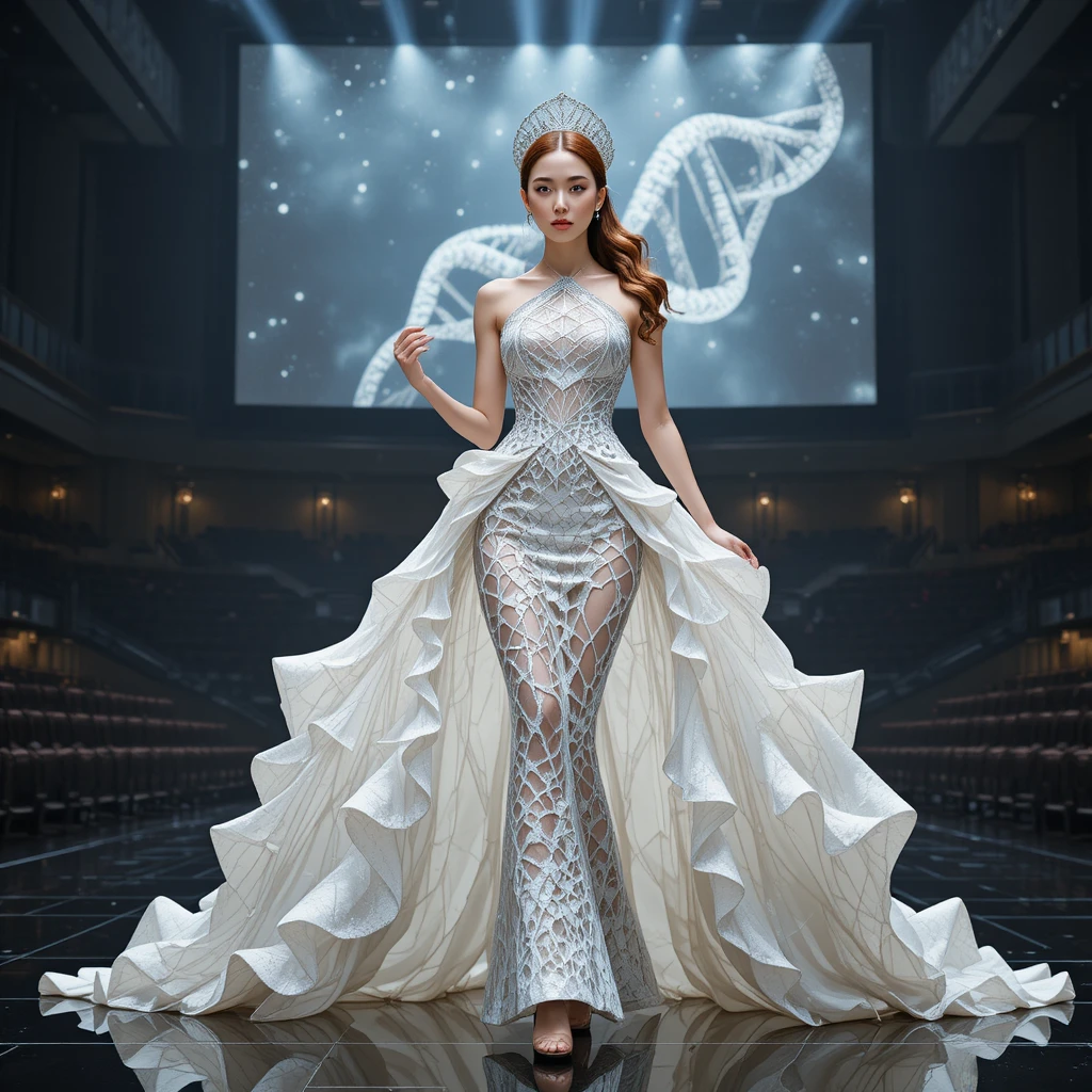 Reginetta di bellezza coreana in abito da sera bianco geometrico Fibonacci
