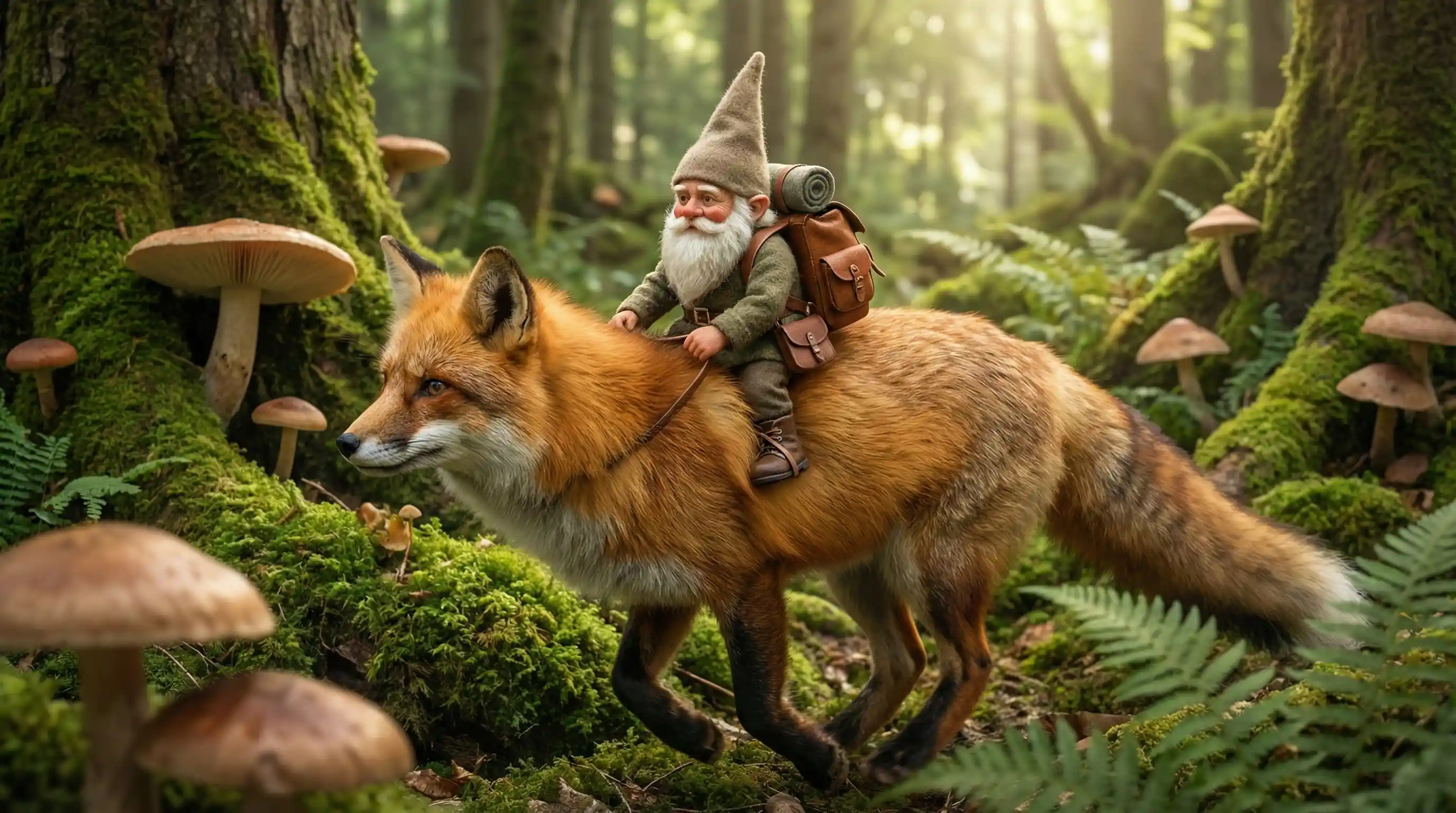 Petit gnome chevauchant un grand renard avec sac à dos