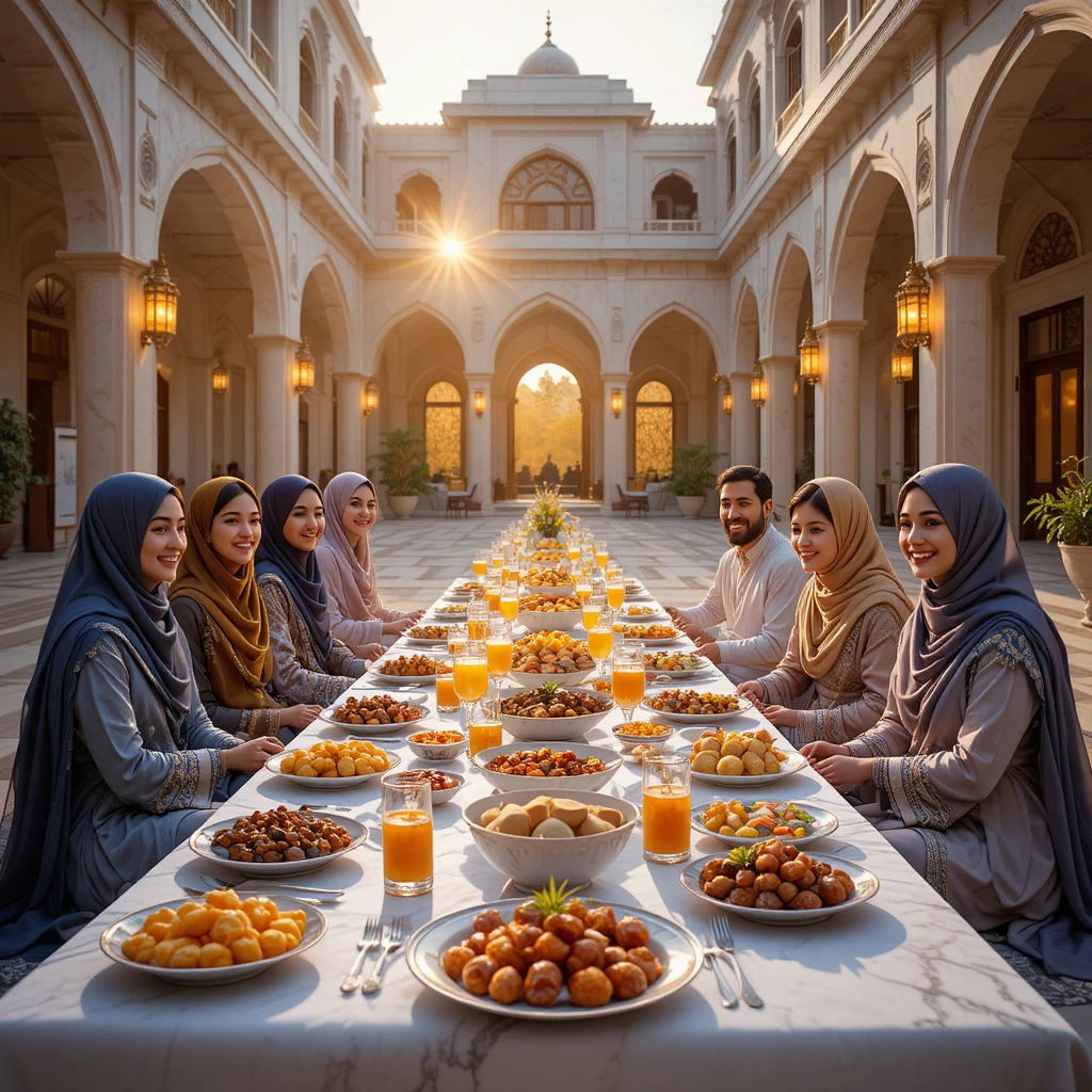Encontro de família para iftar de Ramadã em um luxuoso pátio de vila