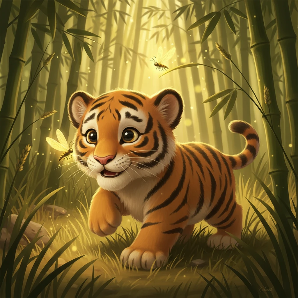 Verspieltes Tigerjunges mit leuchtenden Glühwürmchen im hohen Gras