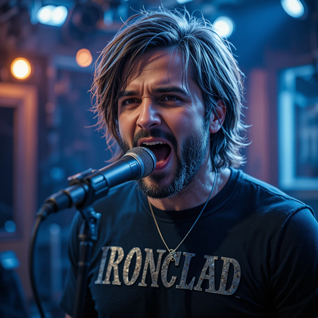 Appassionato cantante rock uomo che canta in studio di registrazione