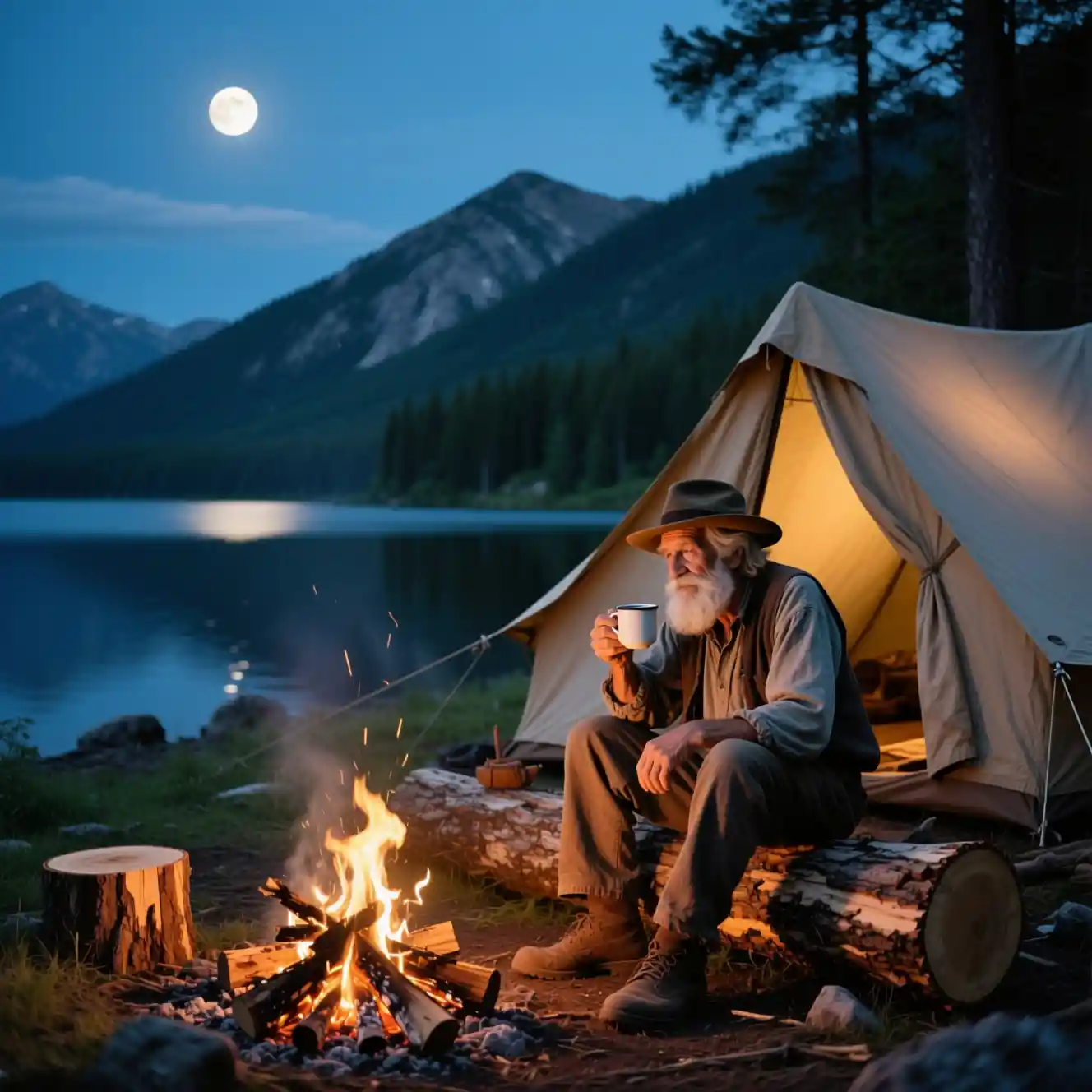 Old man drinking coffee by campfire at mountain lake