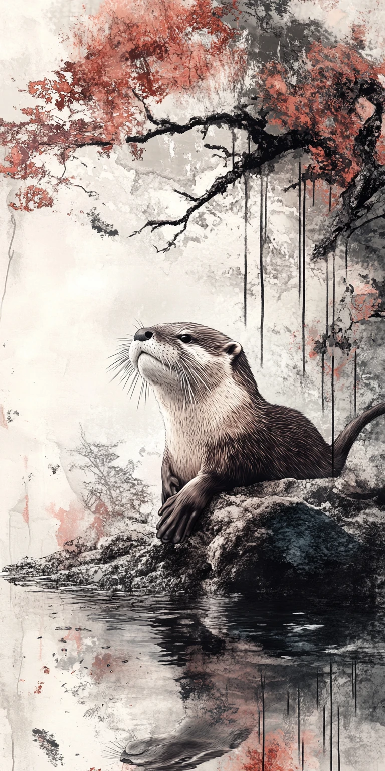 Lontra che emerge da uno stagno sereno in collage a tecnica mista