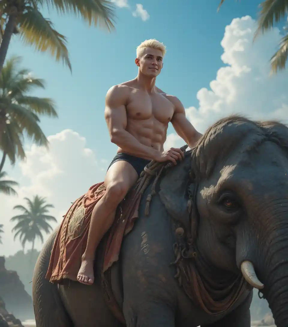 Jeune homme blond chevauchant un éléphant sur une plage tropicale