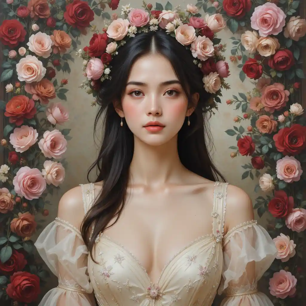 Romantic oil portrait of a young woman amid roses