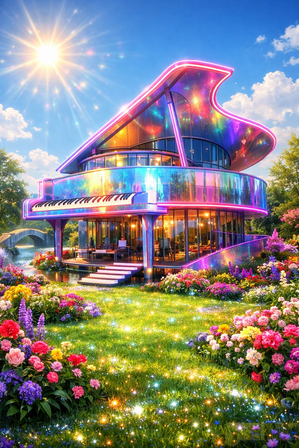 Casa al neon iridescente a forma di pianoforte a coda