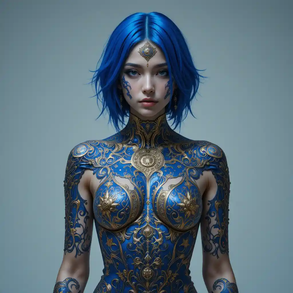 Cyberpunk woman with cobalt blue hair and ornate metallic body