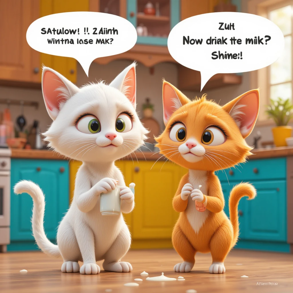 Dois gatos 3D em estilo cartoon conversando em uma cozinha colorida