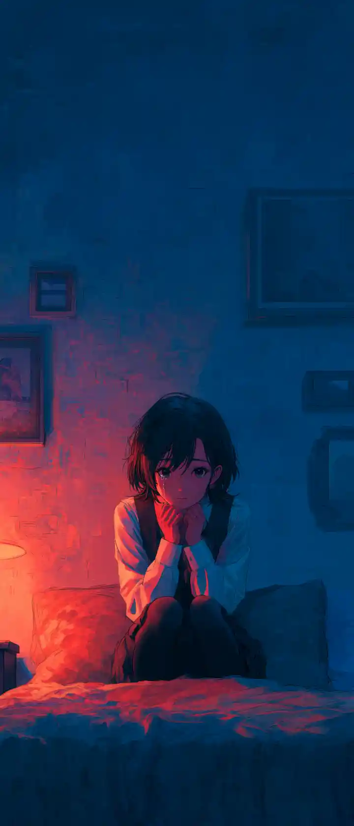 Vampire schoolgirl listening sadly through the bedroom wall