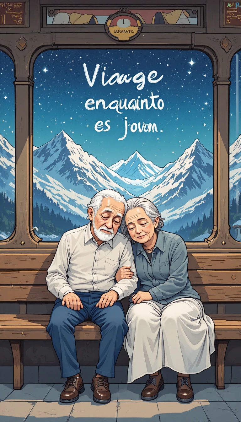 Elderly couple sleeping on train with Swiss Alps view