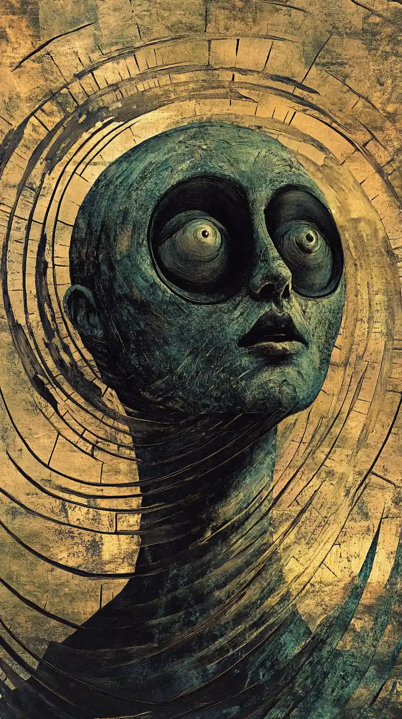 Retrato surreal verde com olhos enormes e bronze em espiral