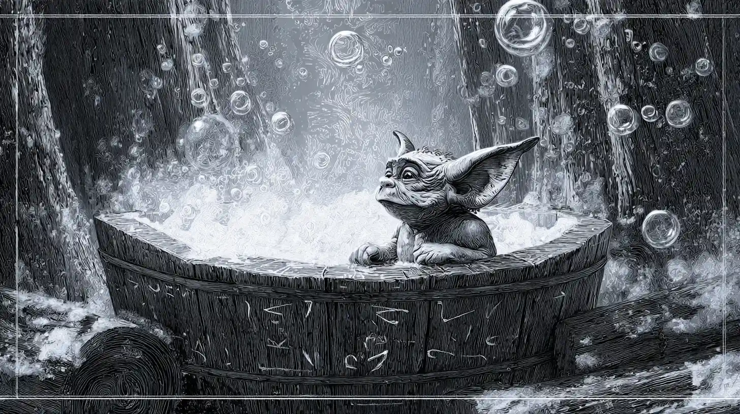 Bebê duende místico tomando banho em uma tina na floresta de inverno